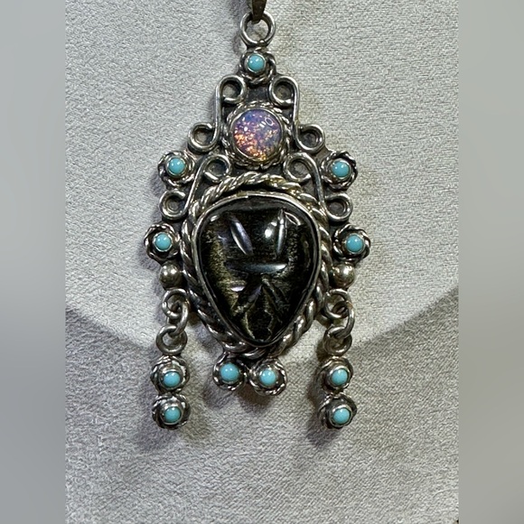 Mexico Silver Obsidian Tribal Multi Stone Pendant 3” Necklace 17” LOT#216
